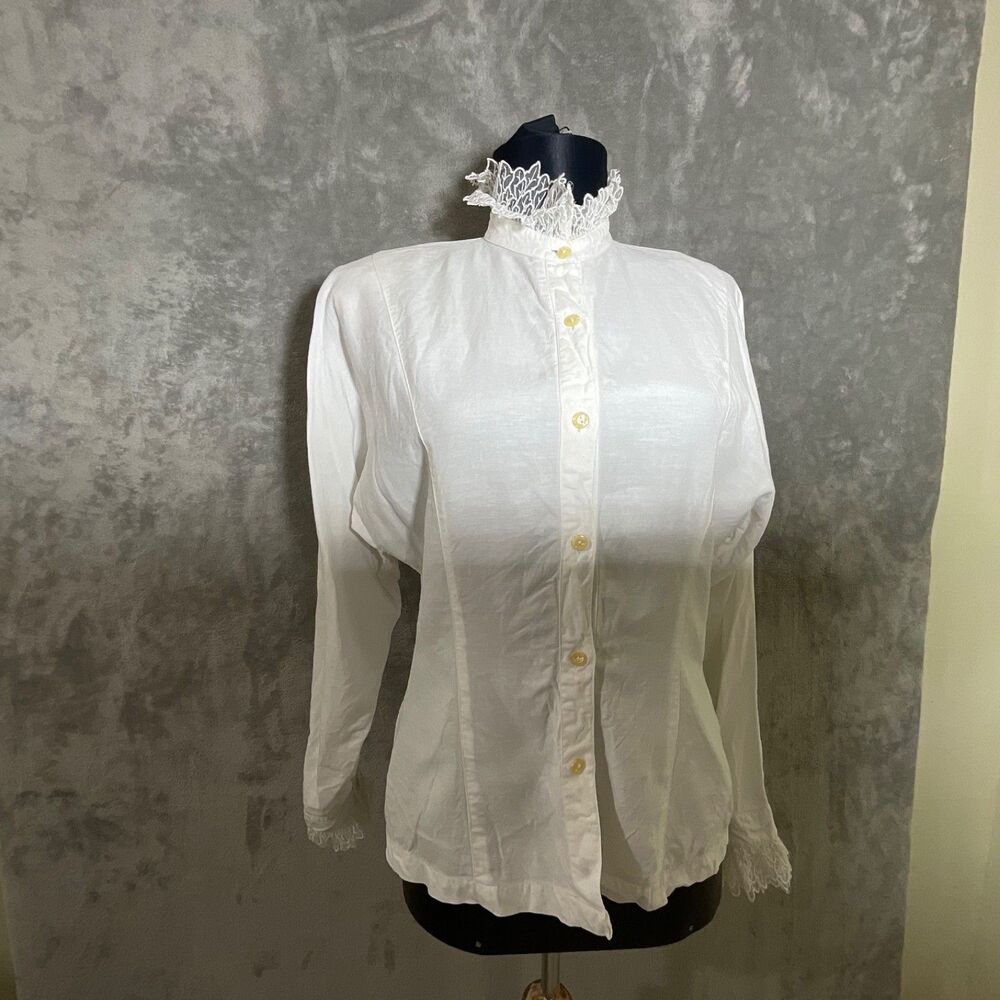 Victorian Gothic High Neck Button Up Blouse Long slv.  sz S white fitted